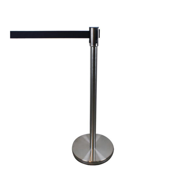 Abgrenzungspfosten Stoppo chrom poliert mit Zugband SCHWARZ // Tensator 3,0 m lang, ØFuß 36cm